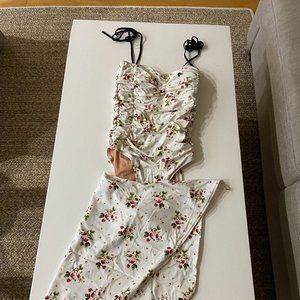 Ruched tie-shoulder one-piece in strawberry floral with short swim sarong